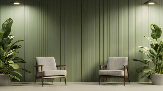 Green interior mockup featuring two modern beige leather swivel chairs. Minimalist professional space ideal for panel discussions and interview setting.