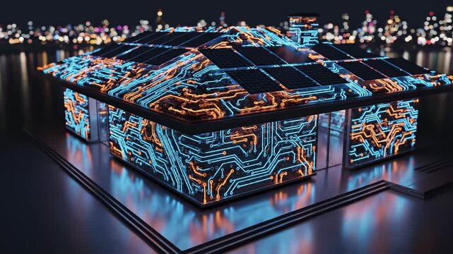 Futuristic house with glowing circuit design