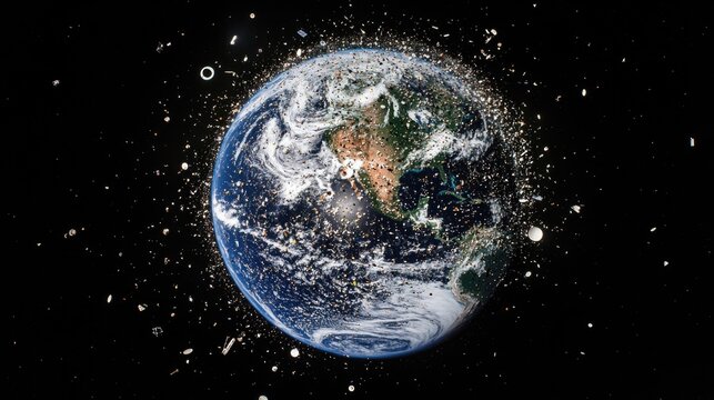 Space debris orbiting earth, illustrating the growing issue of space pollution