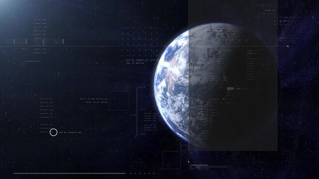 Cinematic view of Earth from space with a clean futuristic HUD overlay, blending real planetary detail with sci-fi interface elements for aerospace, surveillance, and exploration themes
