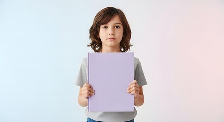 Young boy holding a blank purple book for educational purposes.