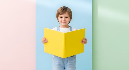 Young child with brown hair smiling and holding open yellow book.