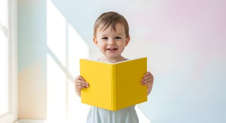 Happy toddler boy smiling while holding a bright yellow open book.