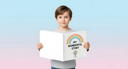 Young boy holding a book titled "my wonderful story" with a rainbow.