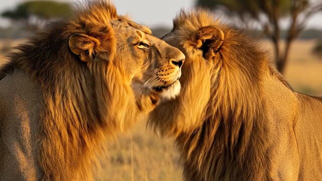 Male Lions Rubbing Heads Greeting in African Savanna