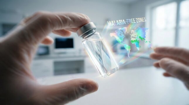 Medical professional holding vaccine vial with holographic malaria free zones world map concept for global health