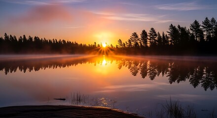 Fototapeta premium A beautiful summer landscape of a calm lake at sunset and sunrise with orange clouds reflecting in the water near a foggy forest at dawn and dusk
