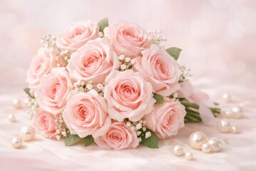 A bouquet of soft pink roses with pearls for Valentine's Day or Mother's Day on an elegant pastel background for a celebration