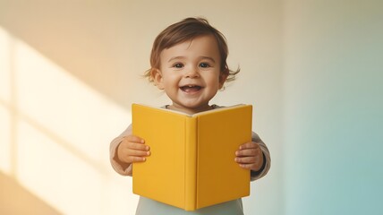Happy toddler enthusiastically holding an open yellow book in bright sunlight.