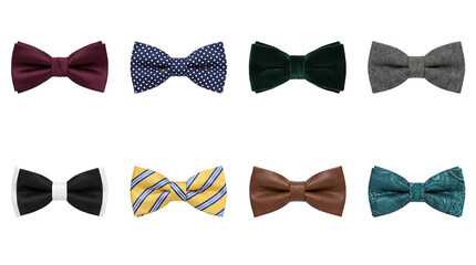 Formal bow tie set including silk, velvet, tweed, polka dot, striped, and paisley patterns isolated. Elegant mens neckwear and fashion accessories collection.