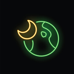 Green neon icon of planet earth with continents and an orange crescent moon shining bright on a black background