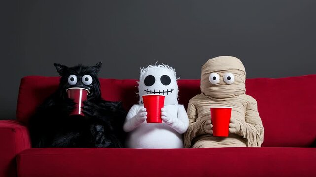 Three stuffed toys sit on a red couch holding red cups. A black toy cat, a white ghost figure, and a beige wrapped toy relax together. They look playful and ready for fun
