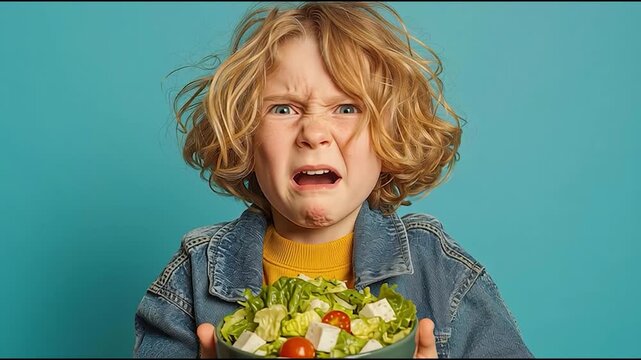 Grumpy child holding bowl of salad with unhappy expression against blue background