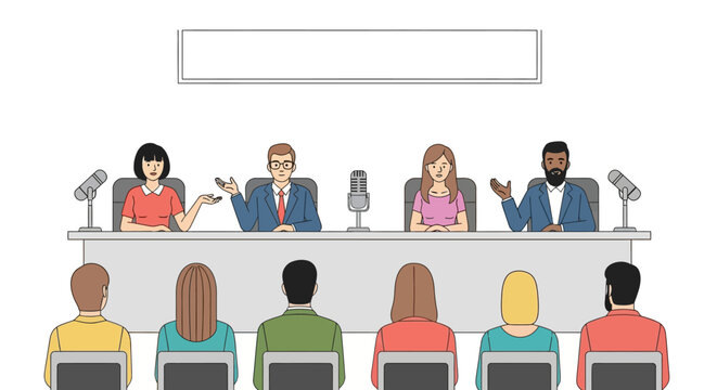 Professional panel discussion featuring diverse speakers communicating ideas to an audience in a formal conference setting, fostering engaging public discourse and knowledge exchange