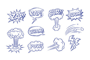 Comic bubble sign set. vector hand drawn crayon doodle line style. burst clouds, comics explosion speech bubbles. Boom dialogue frame, bang effect with text for pop art comics book, isolated design