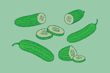 Set of tasty green cucumbers. Fresh, whole, sliced, pickled cucumbers. Pickles in a jar. Fresh and fermented, marinated healthy vegetables. doodle cartoon hand drawn trendy Vector illustration