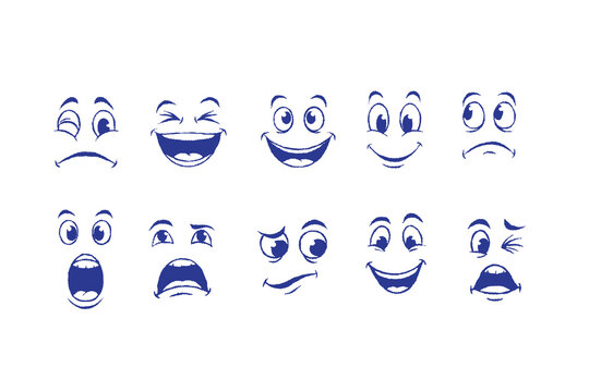 Face expression set. Emotional comic face with eyes, mouths, tongue and teeth. vector hand drawn doodle crayon. Concept caricature feeling. Happy, sad and angry characters emotions