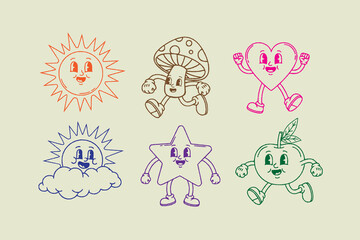 Set of abstract character. hand drawn outline crayon doodle style, vector Retro trendy characters, comic sun and cloud, mascot running cherry, shape star, heart with funny face, vintage mushroom