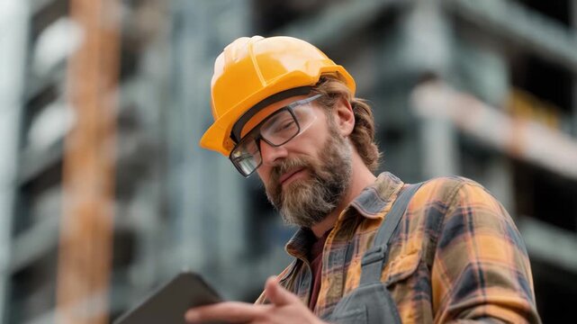 Man in hard hat and safety glasses checks tablet on construction site during daylight hours, focused on work tasks and project details