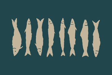 Decorative sardines crayon hand drawn set. silhouette doodle style of fish. vector illustration with pencil cute texture. Kid drawn sardine, tuna, salmon, mackerel. portugal fish