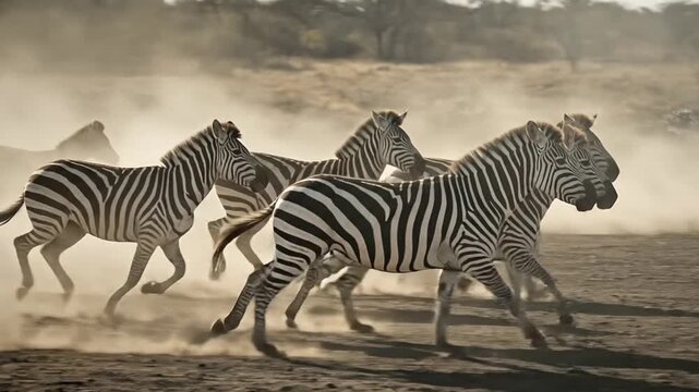 Zebras Gallop Across Dry Savanna Kicking Up Dust Cloud