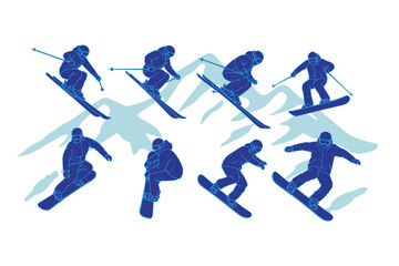 Snowboarders in motion doodle style set. Sportsmen skiers in different poses. Winter sports, extreme outdoor activity concept. Hand drawn Vector illustration. Isolated design elements