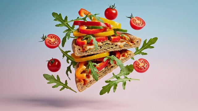 Pizza slices float with fresh ingredients. Colorful bell peppers, ripe tomatoes, and arugula leaves levitate around the food. Healthy eating concept.