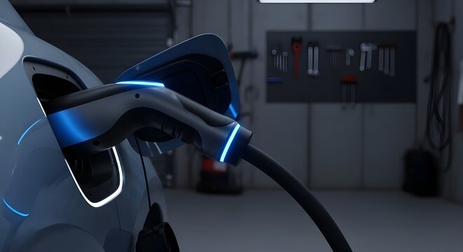 Close-up of Electric Vehicle Charging in Modern Home Garage with Blue Neon Lights