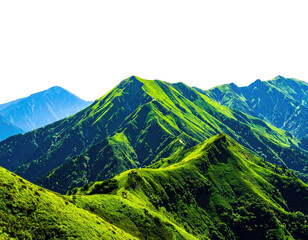 Majestic mountain range with vibrant green slopes and clear blue sky backdrop