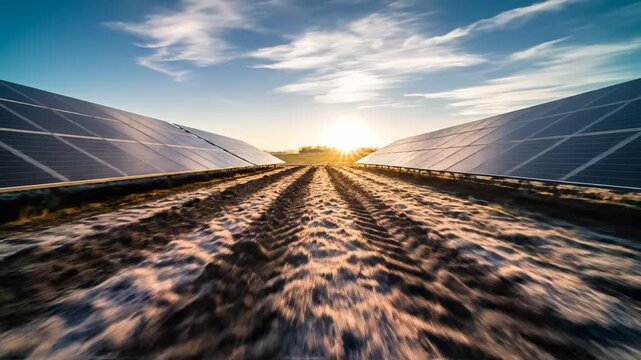 Solar panels stand in long rows during a beautiful sunrise. Golden light illuminates the ground, representing clean renewable energy.