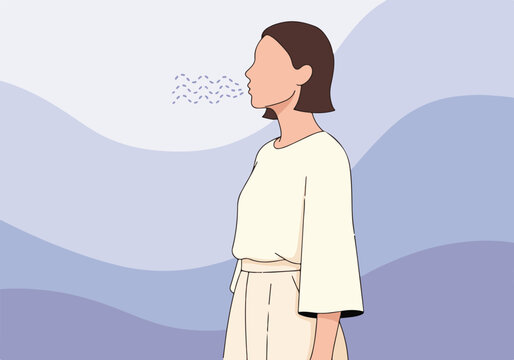 Woman exhaling air in profile for relaxation, minimalist illustration