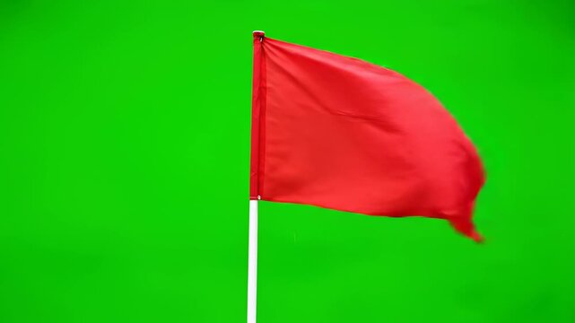 Isolated corner flag violently whipping and waving in the wind against a solid uniform green screen background for easy compositing solid, easy, backgroundremoval