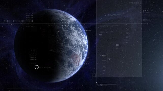 Cinematic view of Earth from space with a clean futuristic HUD overlay, blending real planetary detail with sci-fi interface elements for aerospace, surveillance, and exploration themes
