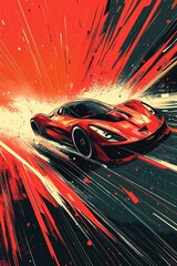 Red Speed: The image showcases a sleek, vibrant red sports car speeding through a dynamic, abstract backdrop of energy. Capturing the thrill of speed.
