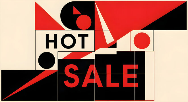 Hot sale concept designed in Bauhaus constructivist style with primary geometric shapes, functional typography, grid-based layout, red and black color scheme, revolutionary propaganda poster aesthetic