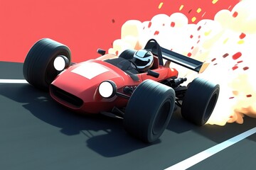 Speedy Formula Race Car: A vibrant race car zooms across the track, leaving a cloud of smoke and determination behind it, embodying the thrill of speed and competition.