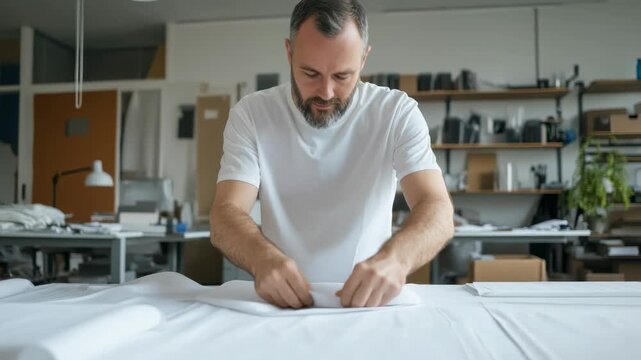 A man is shown in a workshop as he carefully folds and shapes fabric on a table. He focuses on making precise movements with his hands to prepare the material for a project