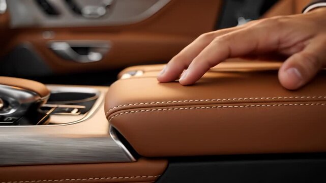 Hand caresses luxurious brown leather car interior. Premium white stitching and brushed metal details enhance the elegant design.
