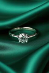 Elegant Promise: A single, radiant diamond ring rests gracefully upon a luxurious, emerald-green silk cloth. It is a symbol of love, commitment, and timeless beauty. 