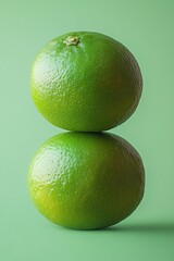 Stacked Citrus Symphony: Two vibrant green limes are poised atop one another against a background of same hue. The vivid color, natural form.