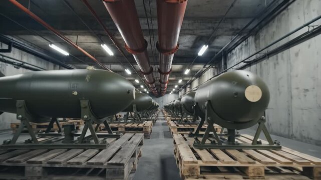 Rows of military bombs in storage