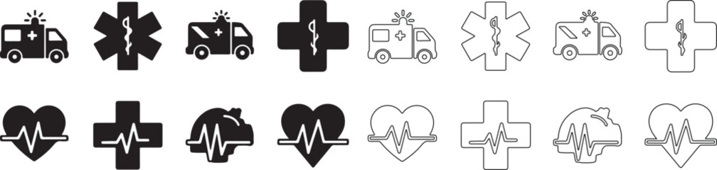 Medical Emergency Healthcare Icons Set Vector with Ambulance, Star of Life, Heartbeat, and Cross Symbols isolated PNG with Transparent Background © hum lab