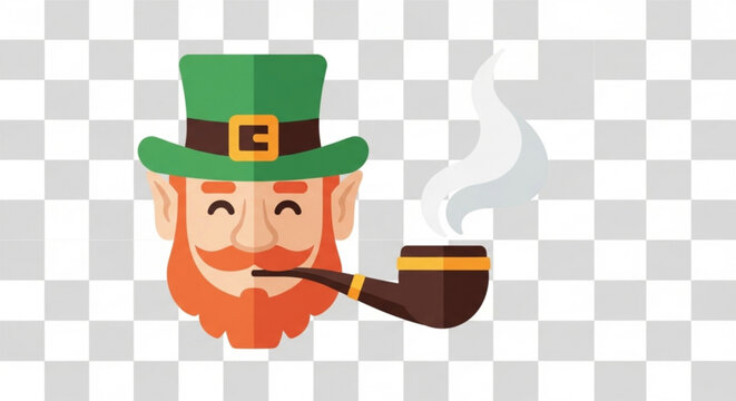 Smiling leprechaun with green hat and smoking pipe on transparent background