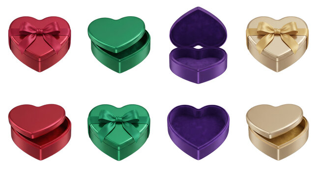 Heart shaped jewelry gift box set including red green purple and gold variants in open closed and tied with bow stages isolated. Valentines day and luxury packaging collection.