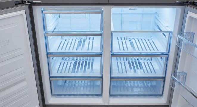 Empty fridge with transparent drawers and blue LED light, clean modern refrigerator interior