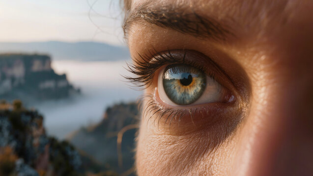 Close-up of a blue-green eye reflecting a mountainous landscape, perfect for nature photography.