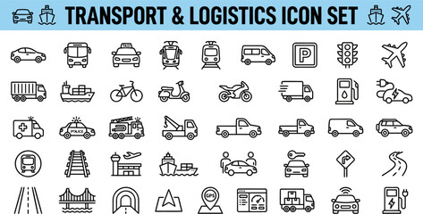 Transport Logistics Shipping Solid Icons Vector Set – Truck Ship Plane Train Warehouse Delivery Route Cargo Fleet Supply Filled Icon Pack UI Web App © Pixel_Forge