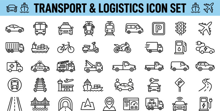 Transport Logistics Shipping Solid Icons Vector Set &ndash; Truck Ship Plane Train Warehouse Delivery Route Cargo Fleet Supply Filled Icon Pack UI Web App