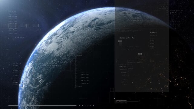 Cinematic view of Earth from space with a clean futuristic HUD overlay, blending real planetary detail with sci-fi interface elements for aerospace, surveillance, and exploration themes