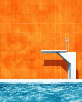 Dive into Summer: A Serene Pool with Orange Tile and Diving Board Scene